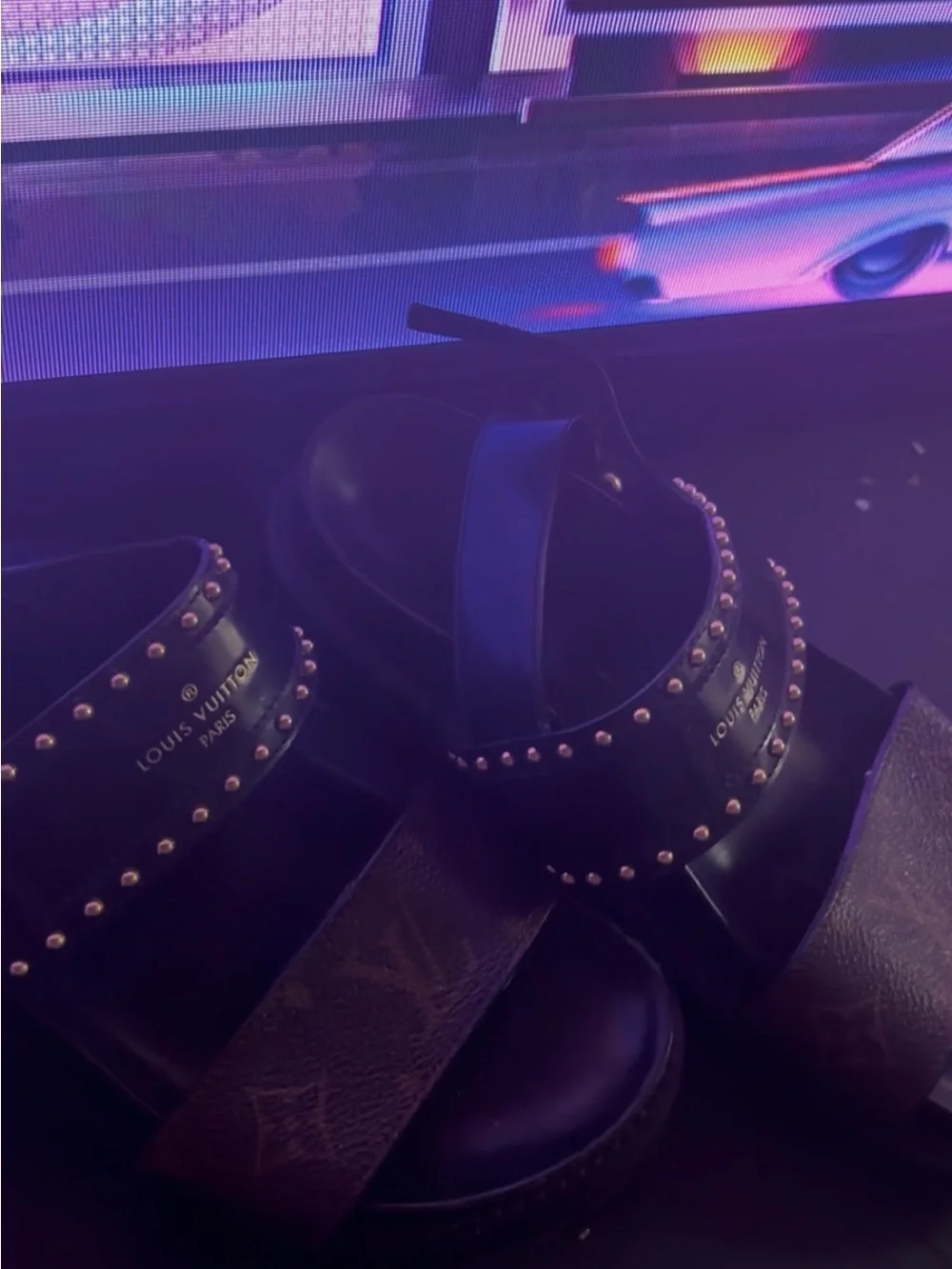 Louis Vuitton Black Leather Studded Slide Sandals